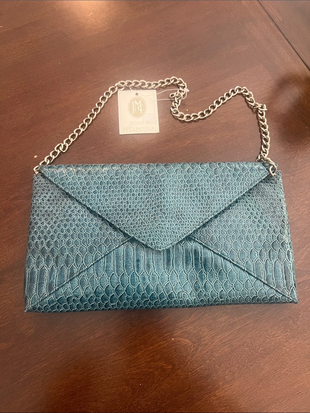 Jessica McClintock Teal Faux-Snakeskin Envelope Clutch with Chain vintage w tag